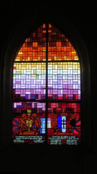 Stained glass windows with names of the crew