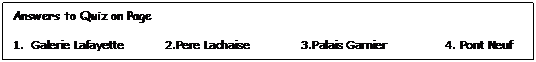 Text Box: Answers to Quiz on Page 

1.  Galerie Lafayette    	  2.Pere Lachaise    	3.Palais Garnier   	4. Pont Neuf
